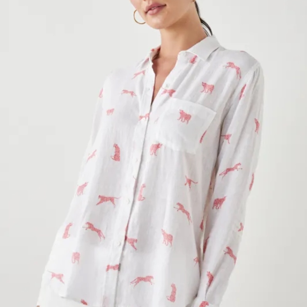 Rails Charli White with Rose Leopards Linen Blend Shirt Size XS Summer!